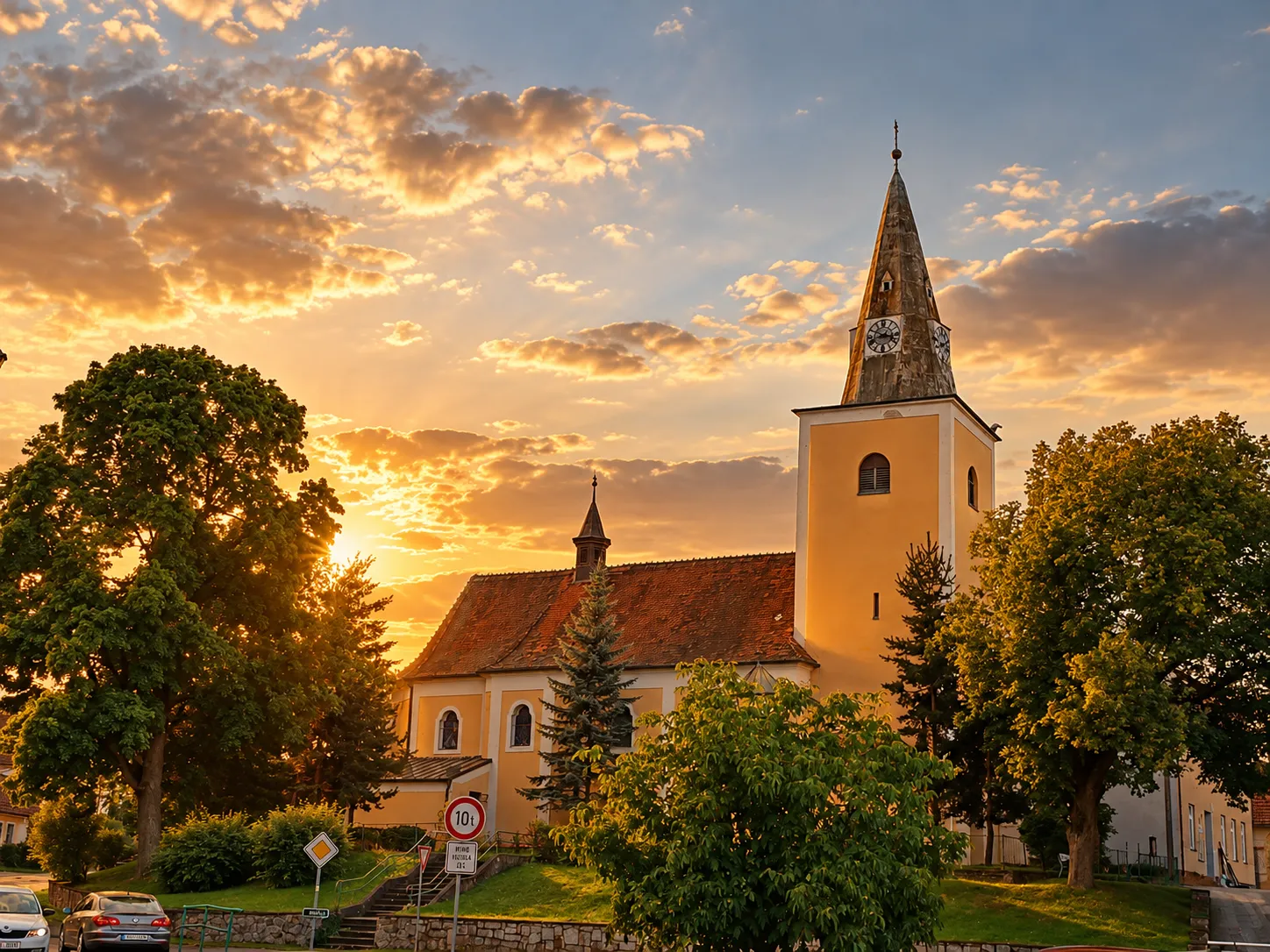Kostel ve Veverských Knínicích při západu slunce